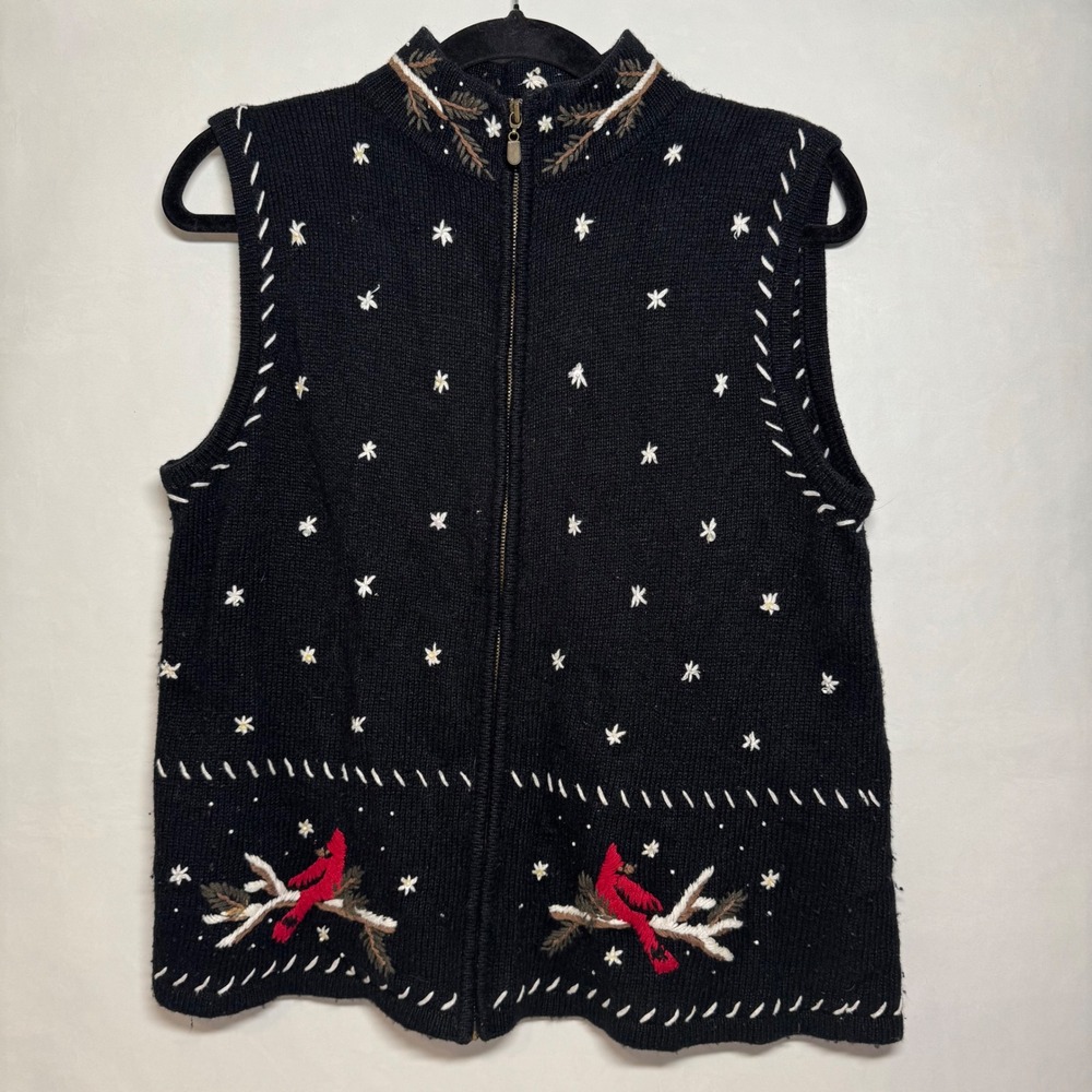 Vtg Wool Blend Christopher Banks Cardinal Hand Embroidered‎ Zip Up Vest Winter M